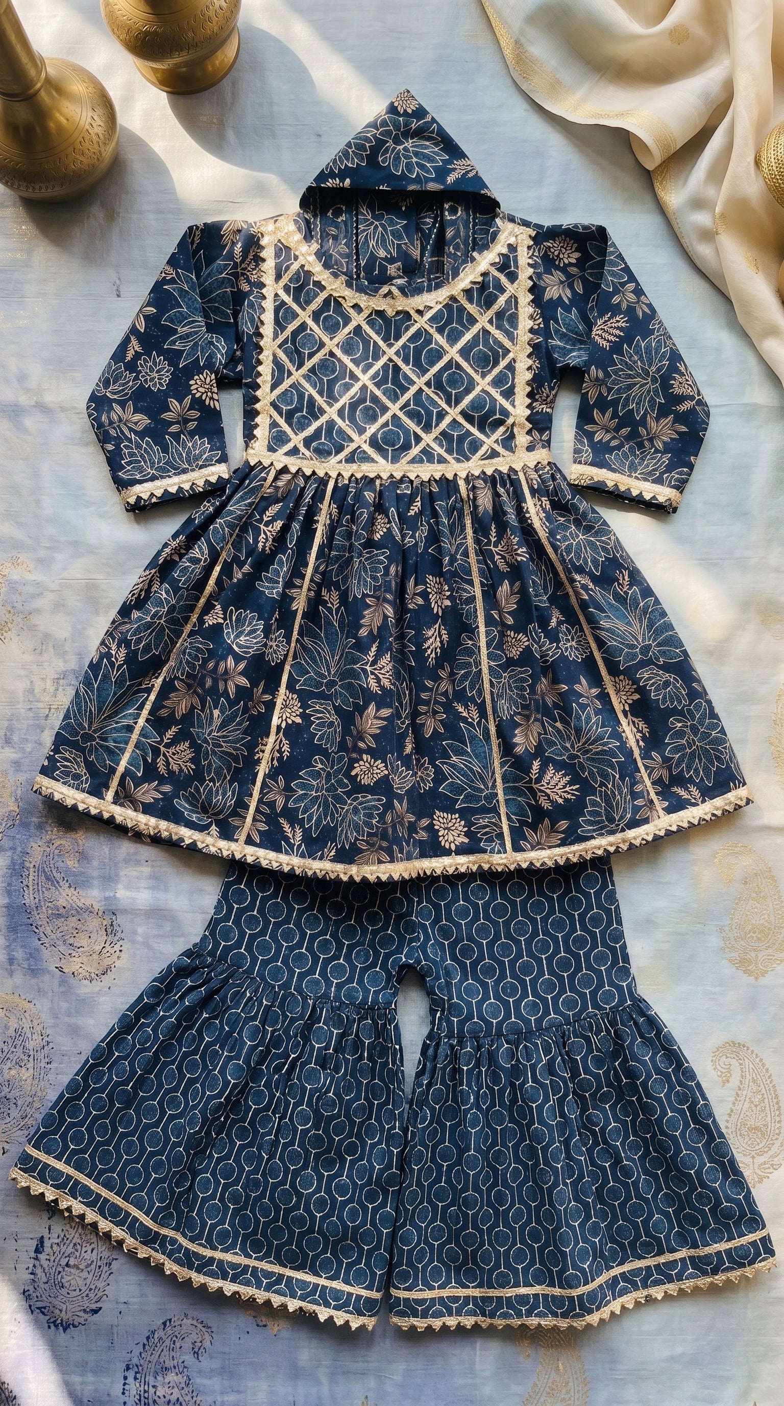 Indigo Blue Floral Sharara Set for Girls