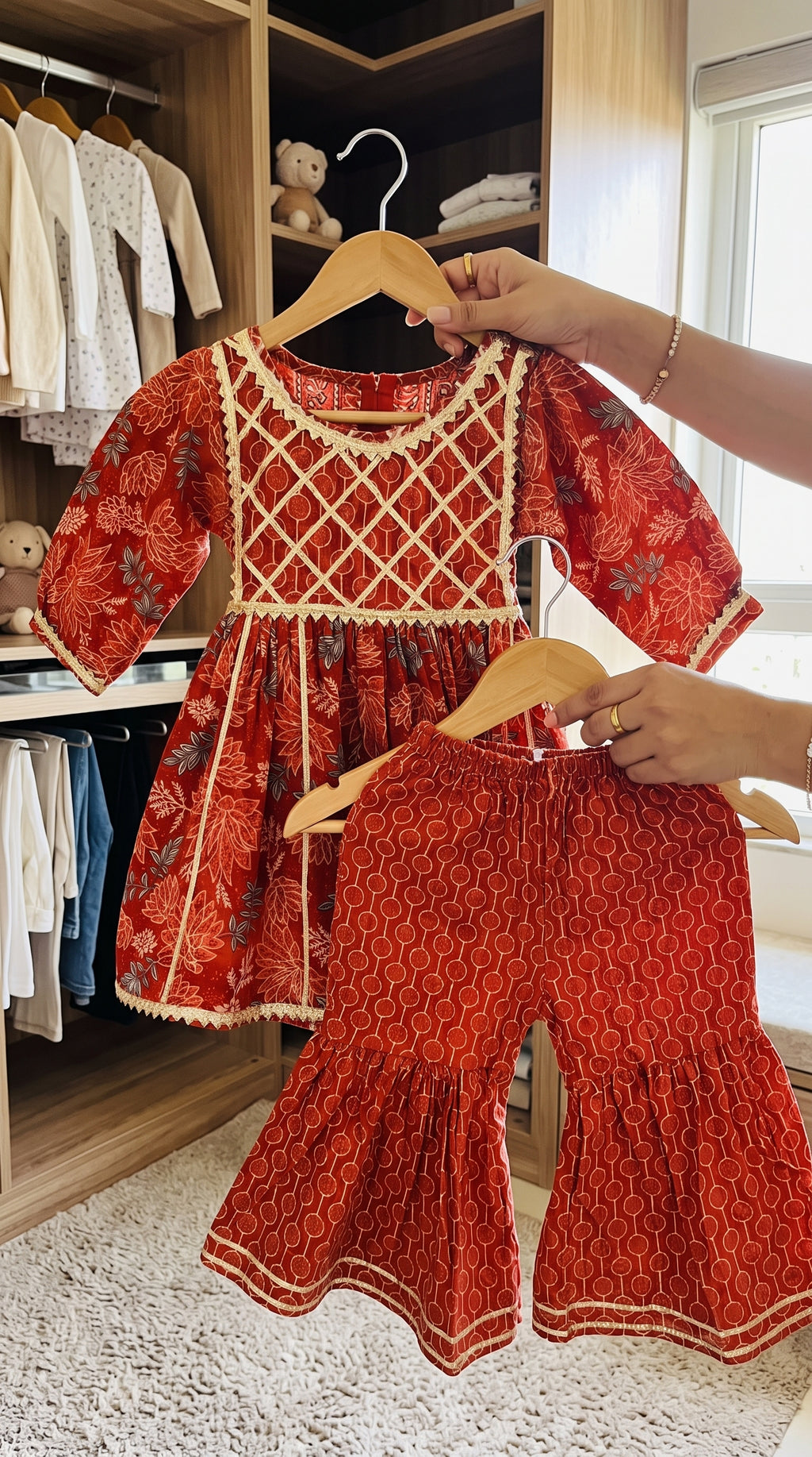 Rust Orange Floral Sharara Set for Girls