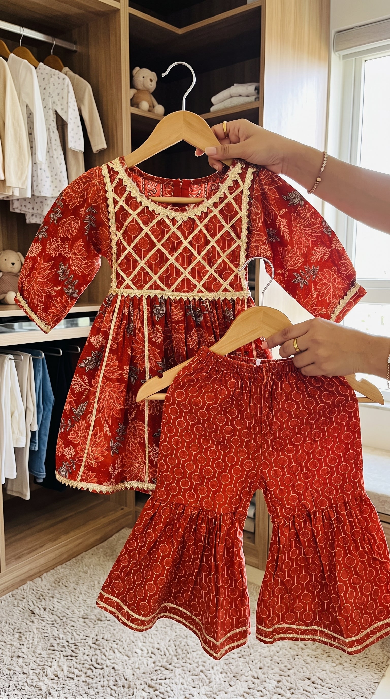 Rust Orange Floral Sharara Set for Girls