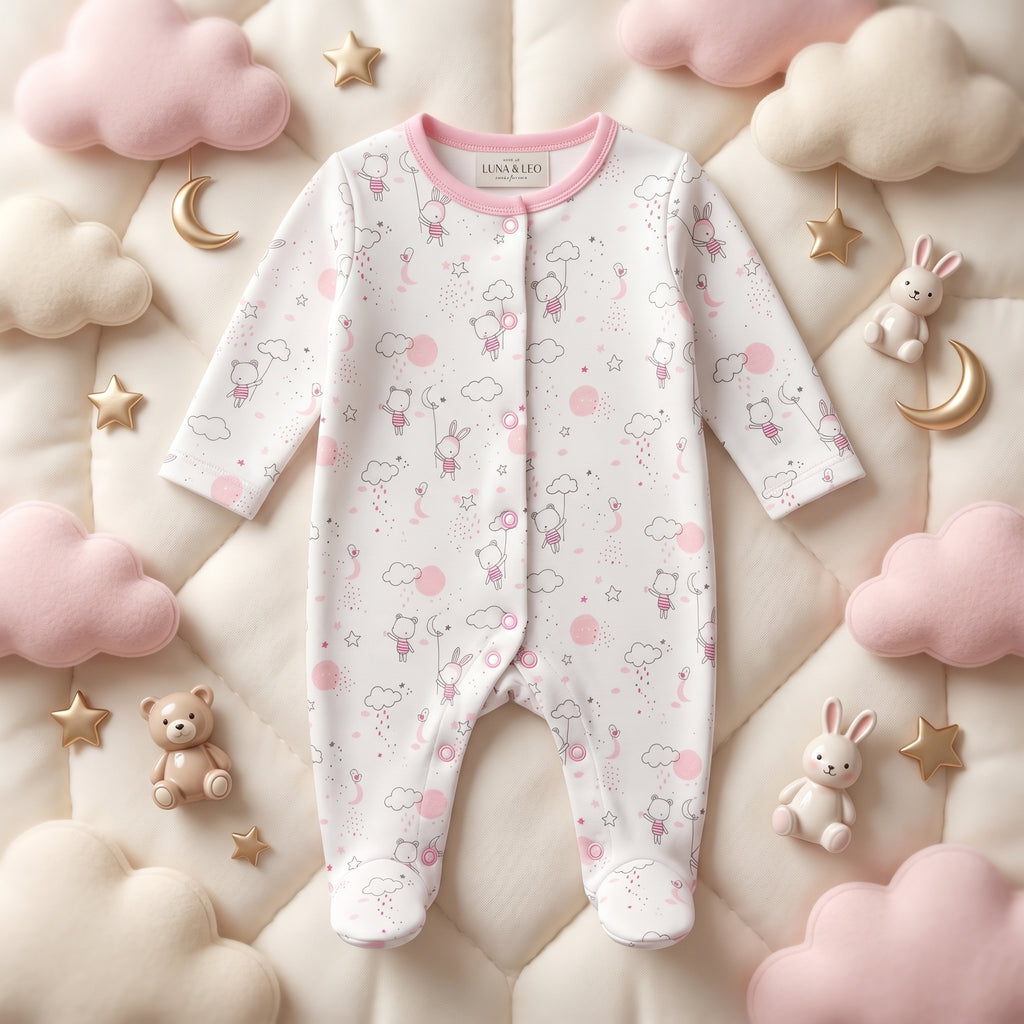 Pink Bunny Print Full Sleeve Baby Romper