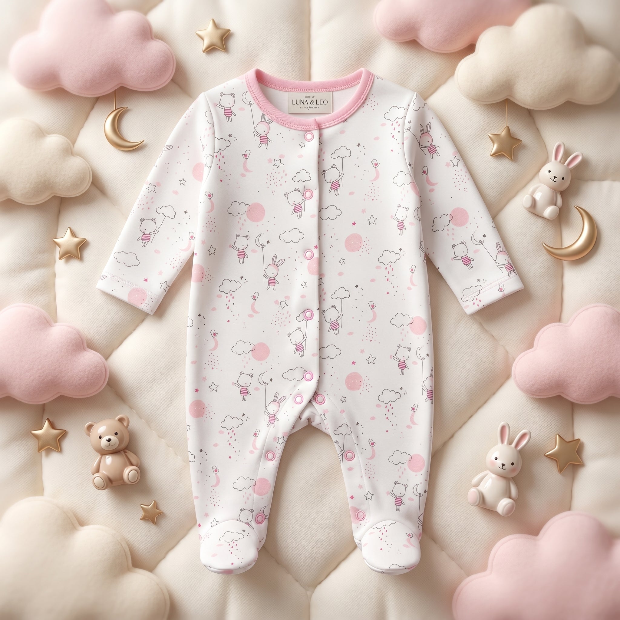 Pink Bunny Print Full Sleeve Baby Romper