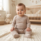 Beige Striped Full Sleeve Baby Romper