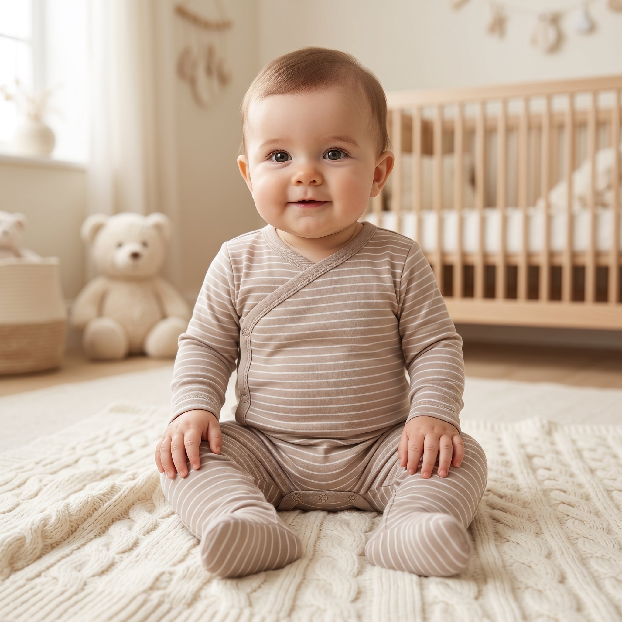 Beige Striped Full Sleeve Baby Romper