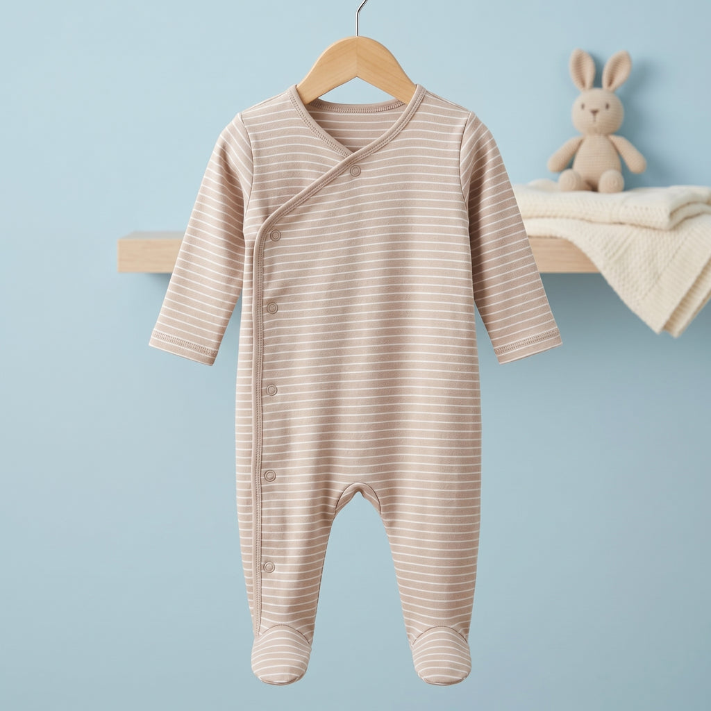 Beige Striped Full Sleeve Baby Romper