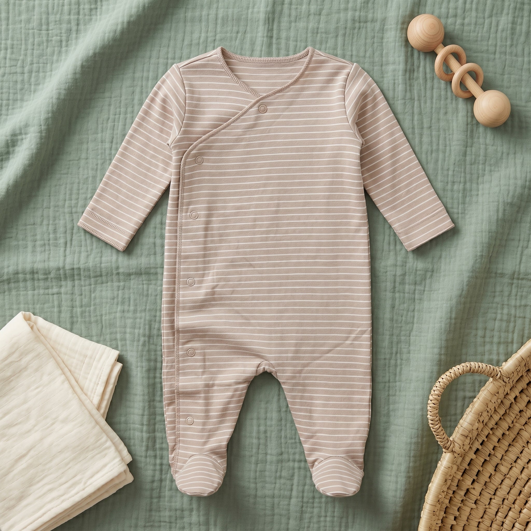 Beige Striped Full Sleeve Baby Romper