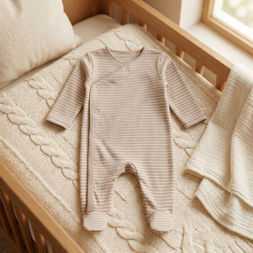 Beige Striped Full Sleeve Baby Romper