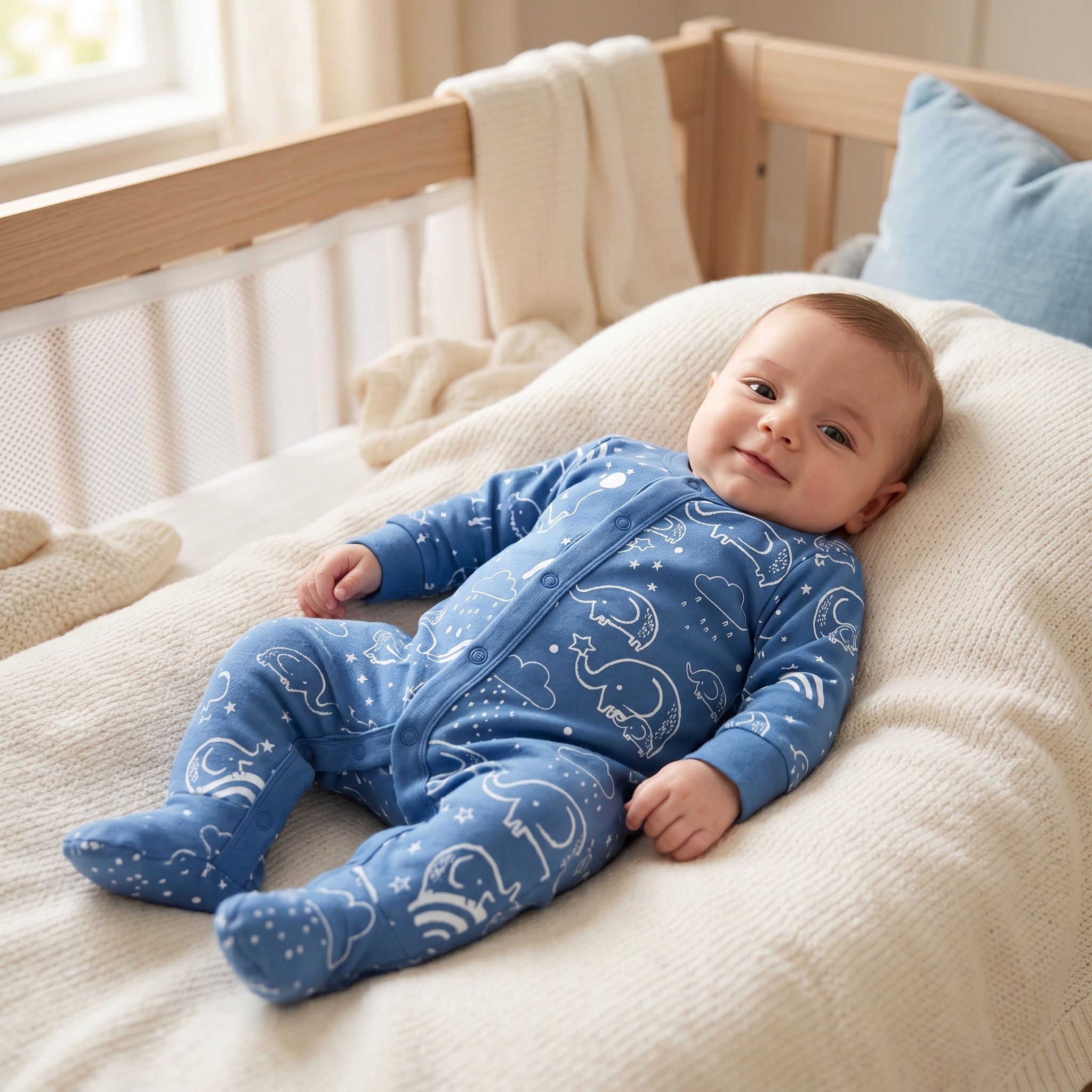 Blue Elephant Print Full Sleeve Baby Romper