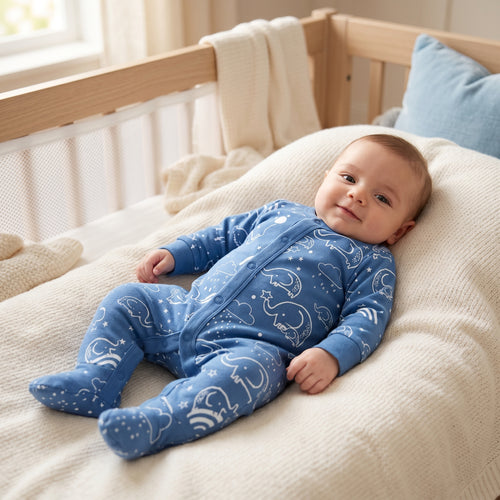 Blue Elephant Print Full Sleeve Baby Romper