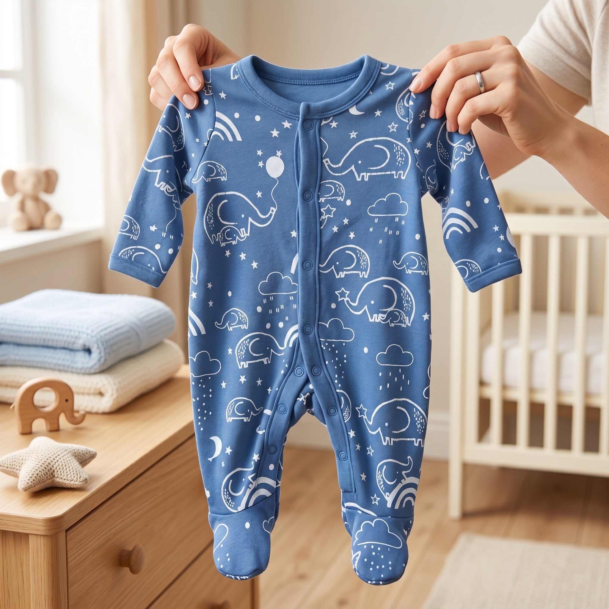 Blue Elephant Print Full Sleeve Baby Romper
