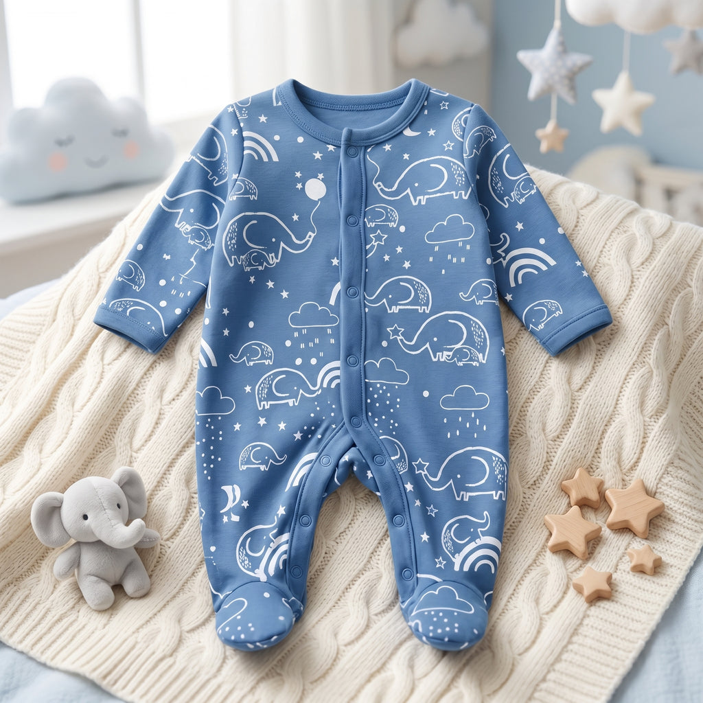 Blue Elephant Print Full Sleeve Baby Romper