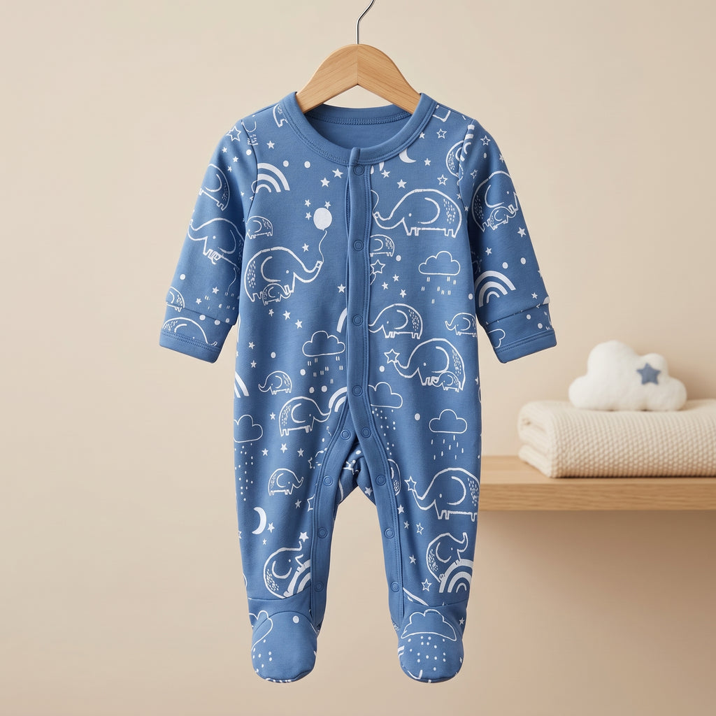 Blue Elephant Print Full Sleeve Baby Romper