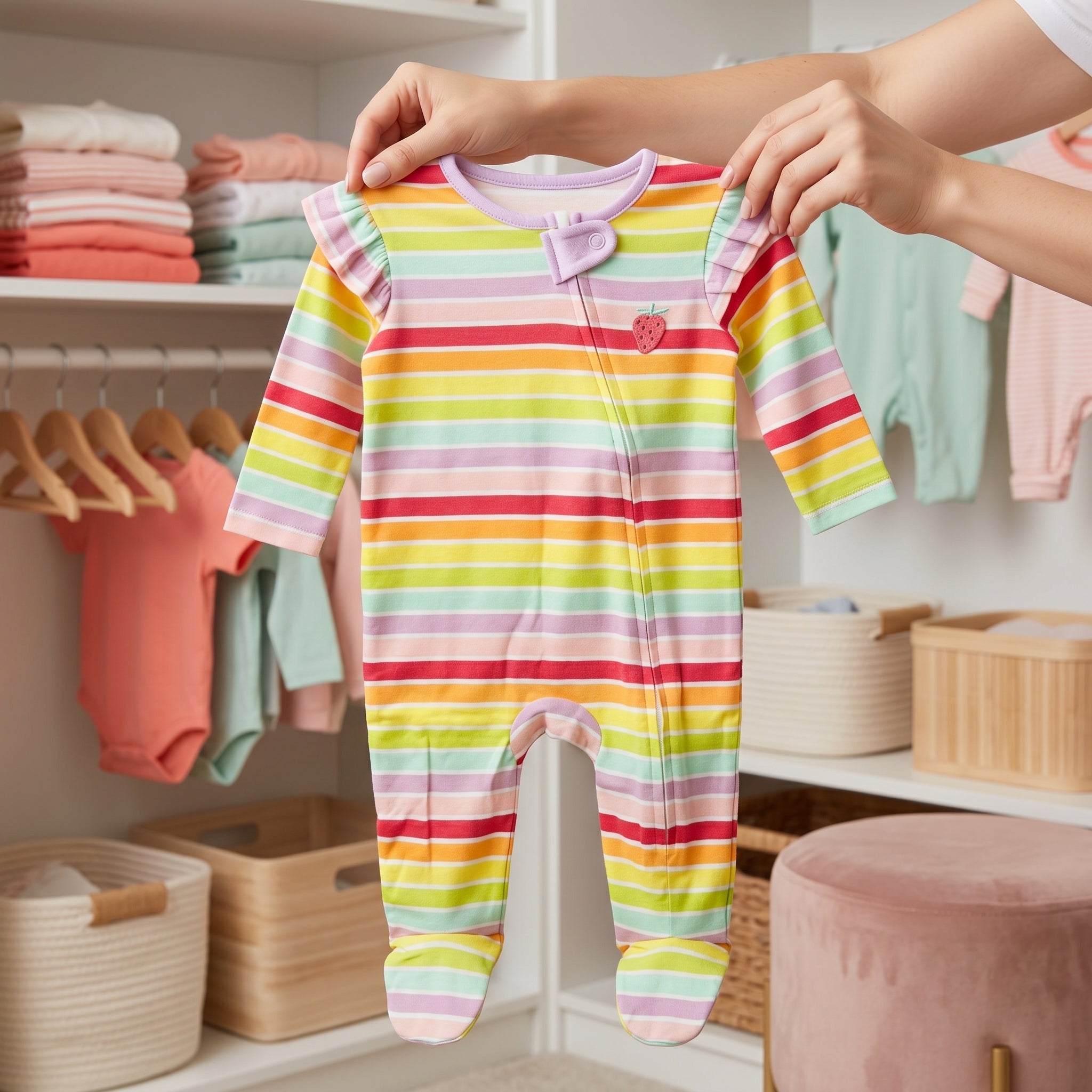 Rainbow Striped Strawberry Baby Romper