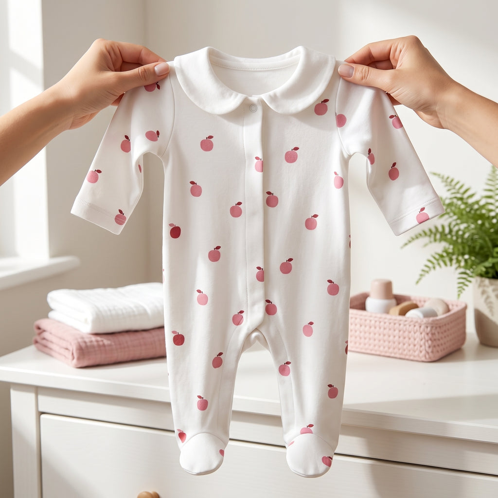 White Apple Print Collar Baby Romper