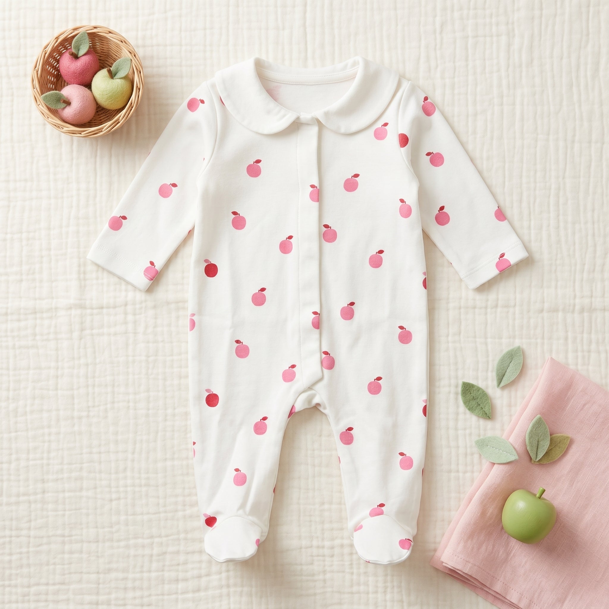 White Apple Print Collar Baby Romper