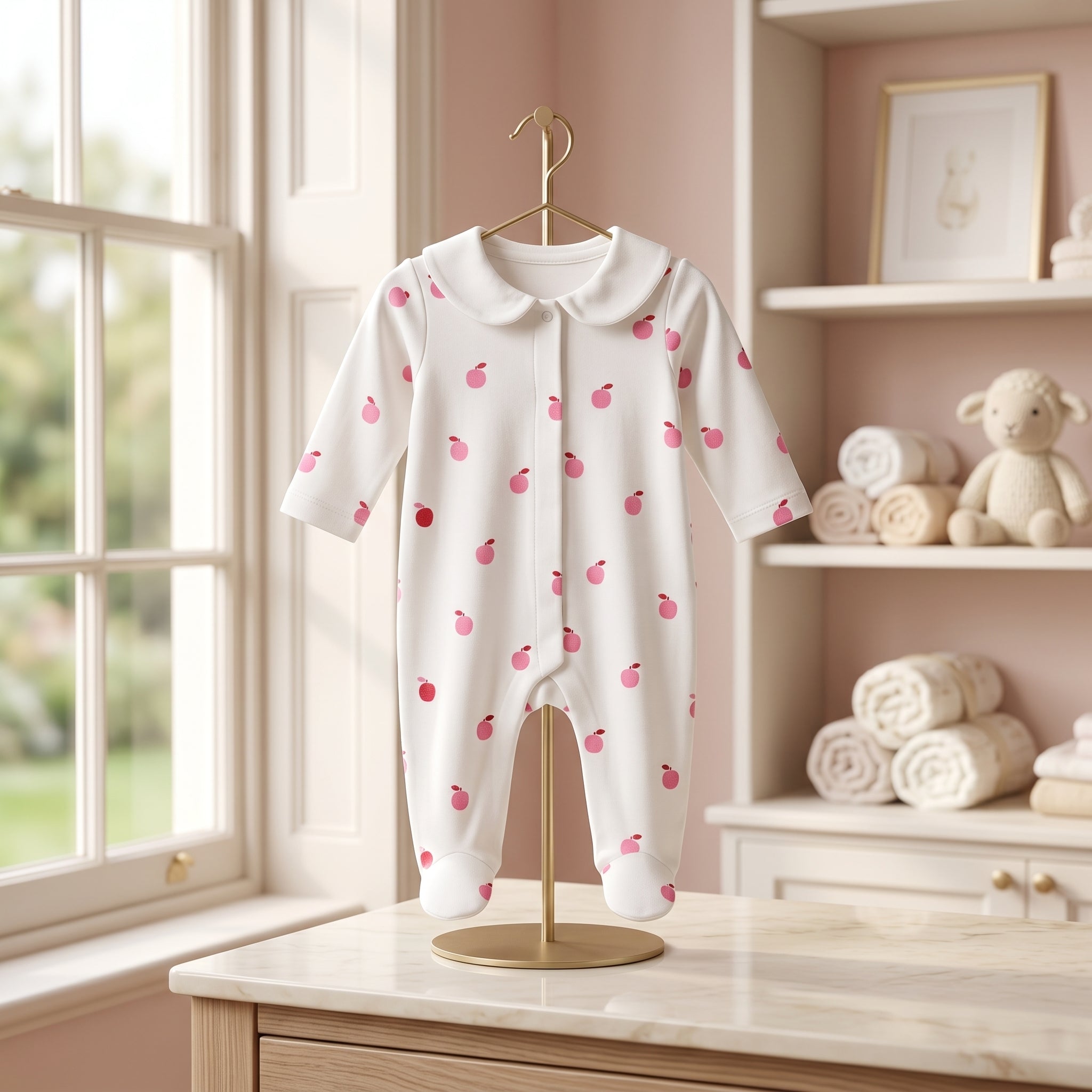 White Apple Print Collar Baby Romper