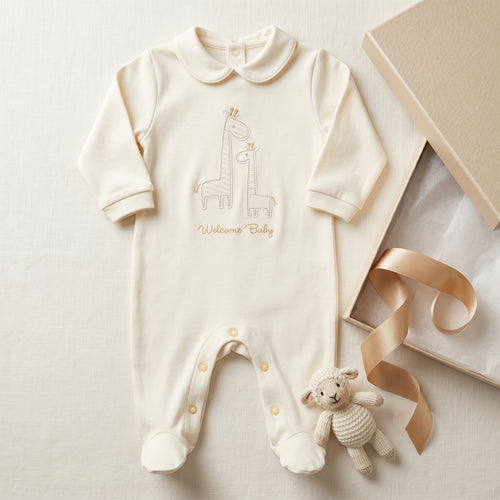 Cream Giraffe Embroidery Collar Baby Romper
