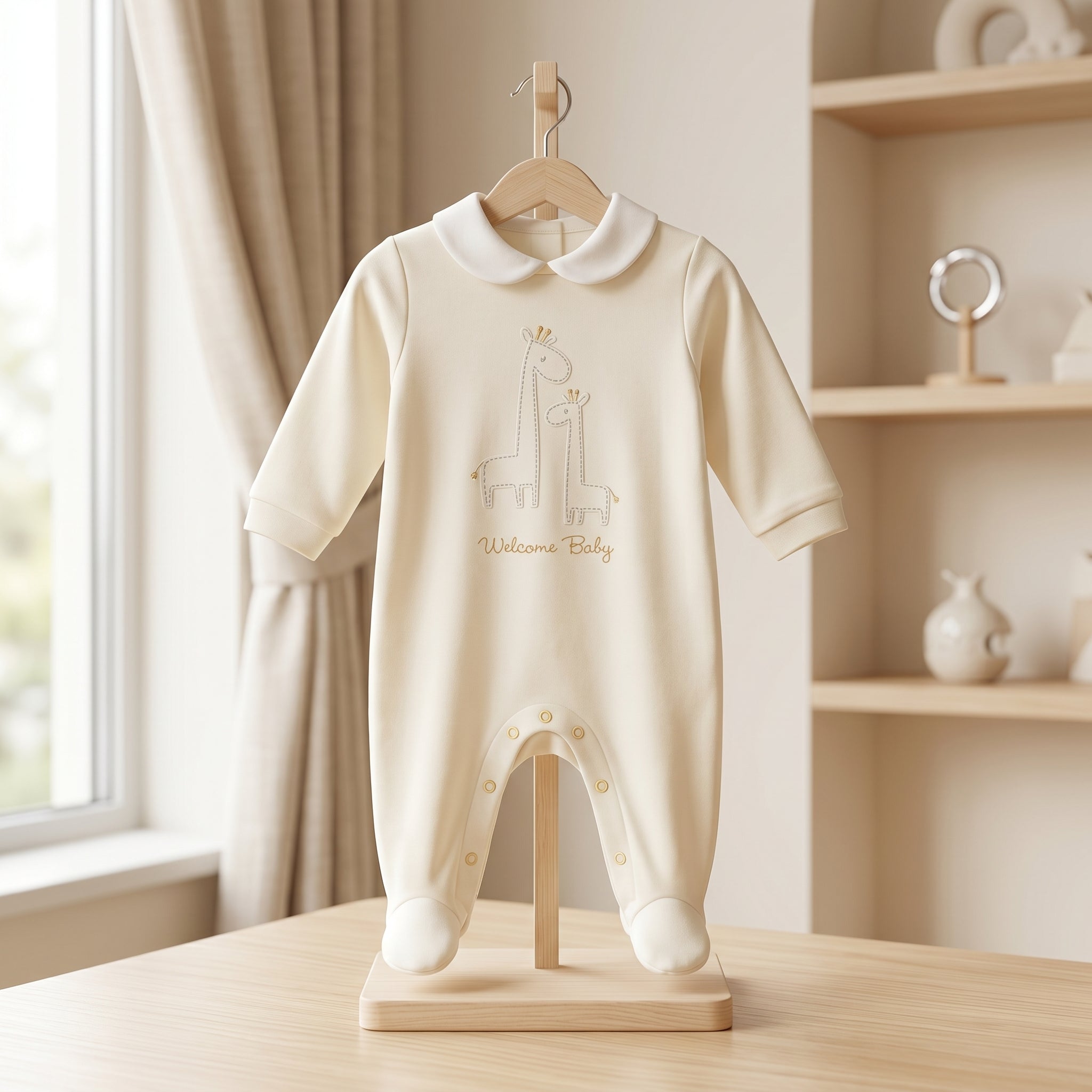 Cream Giraffe Embroidery Collar Baby Romper