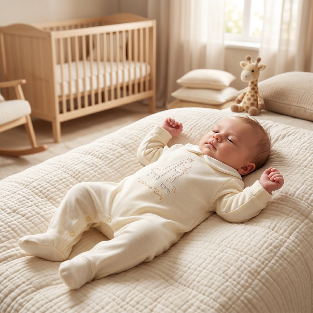 Cream Giraffe Embroidery Collar Baby Romper