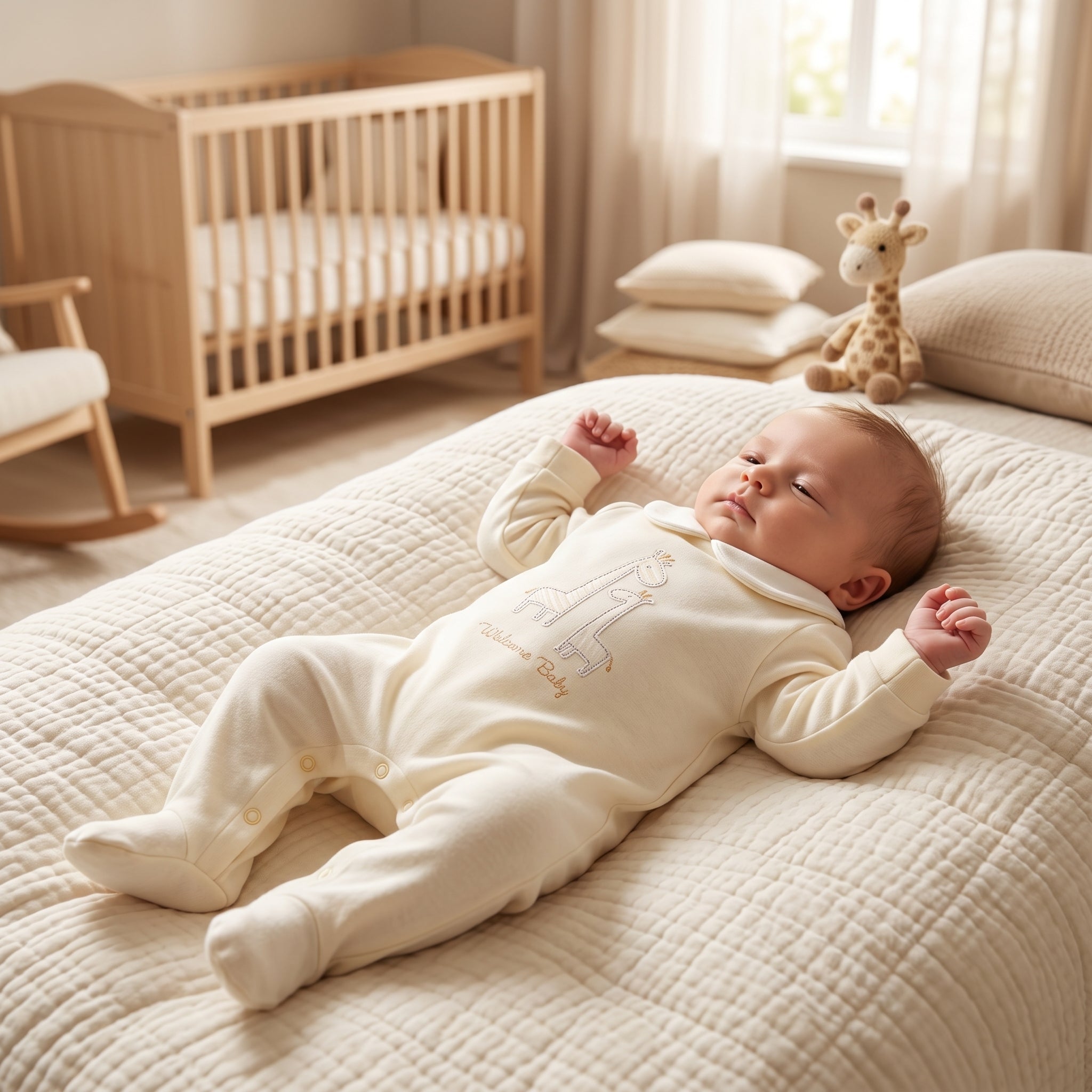 Cream Giraffe Embroidery Collar Baby Romper