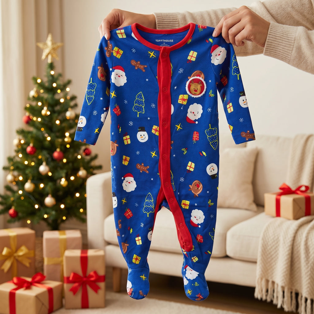 Blue Christmas Print Baby Romper