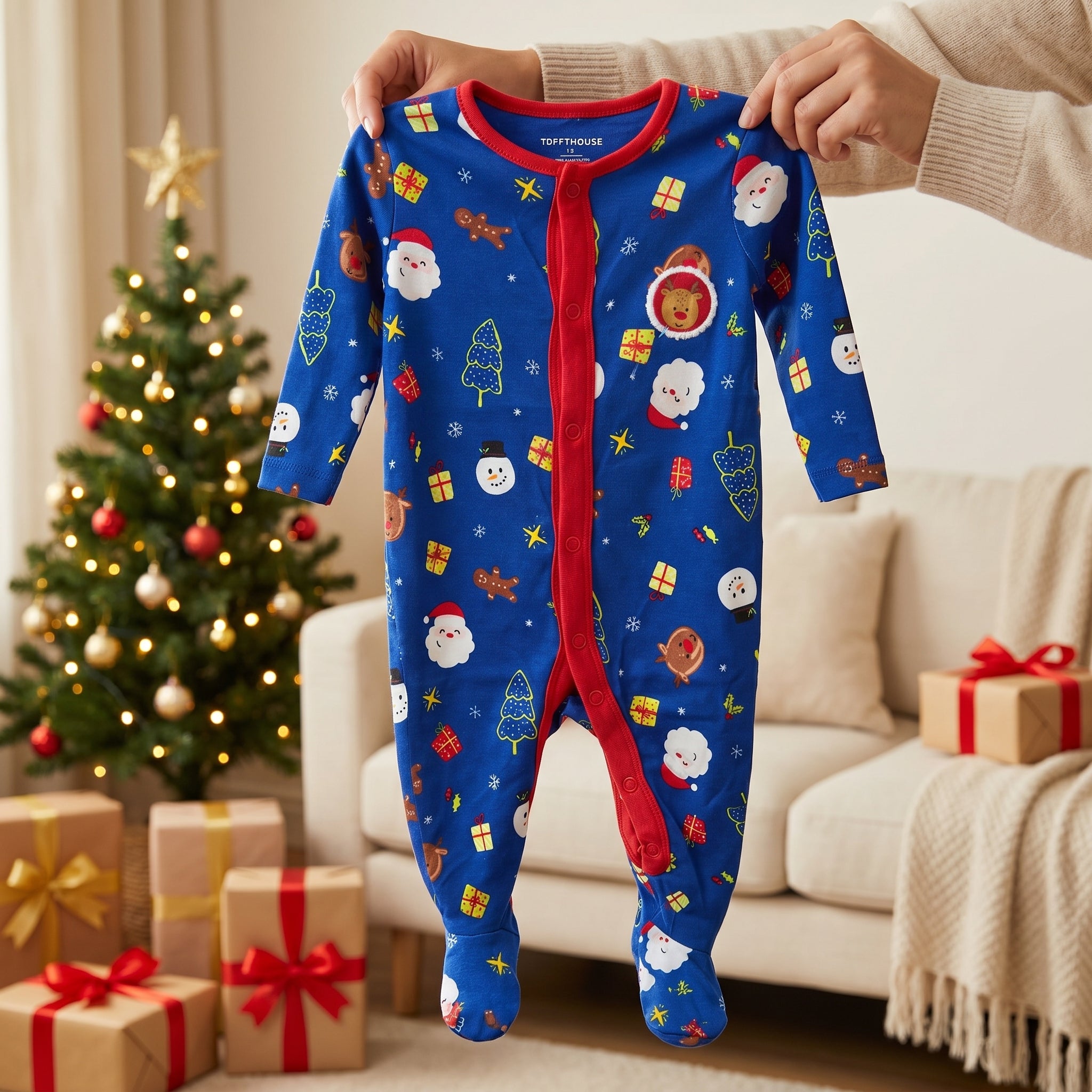Blue Christmas Print Baby Romper