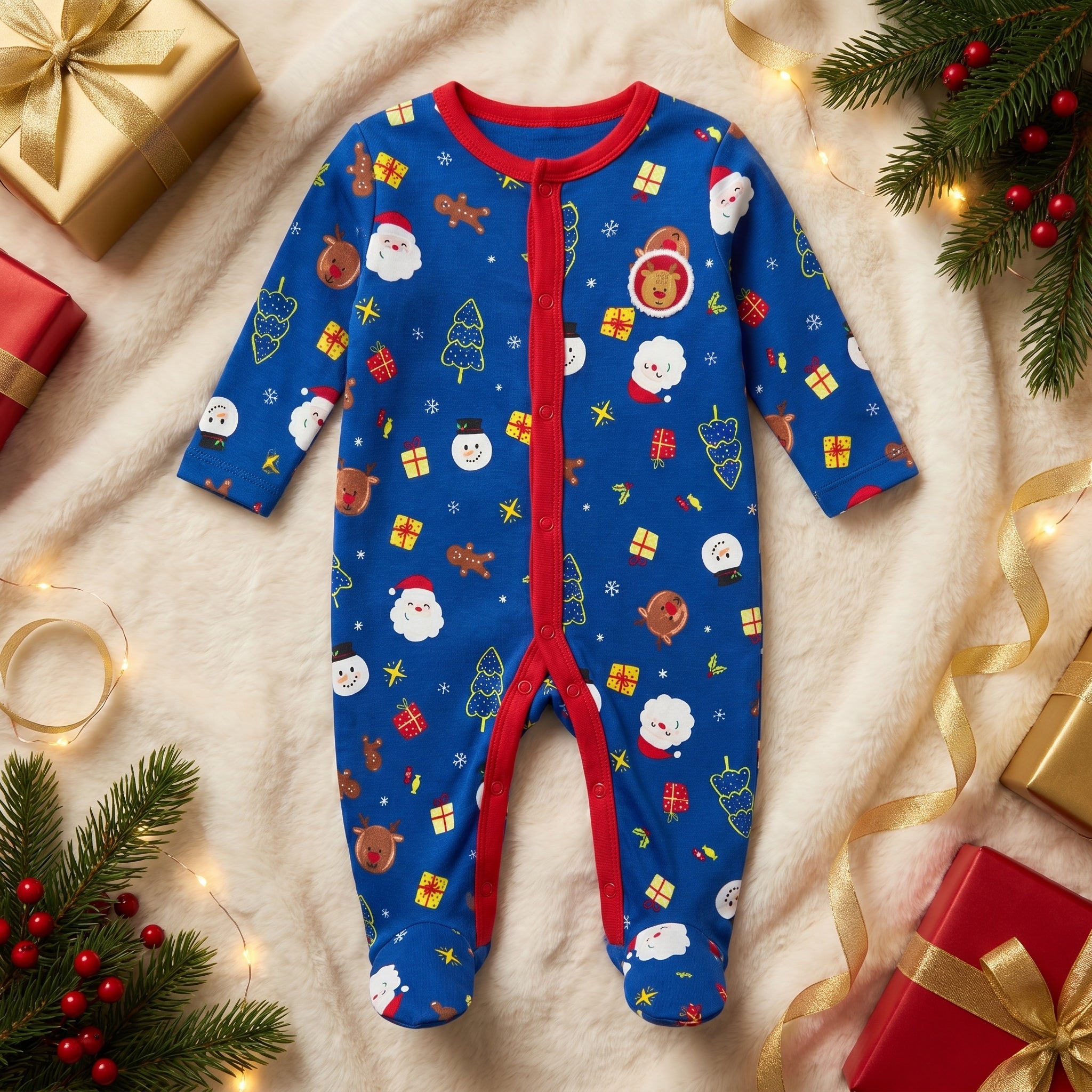 Blue Christmas Print Baby Romper