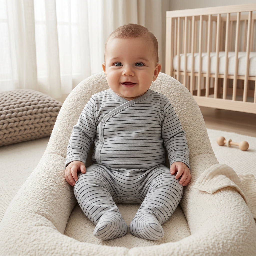 Grey Striped Wrap Style Baby Romper