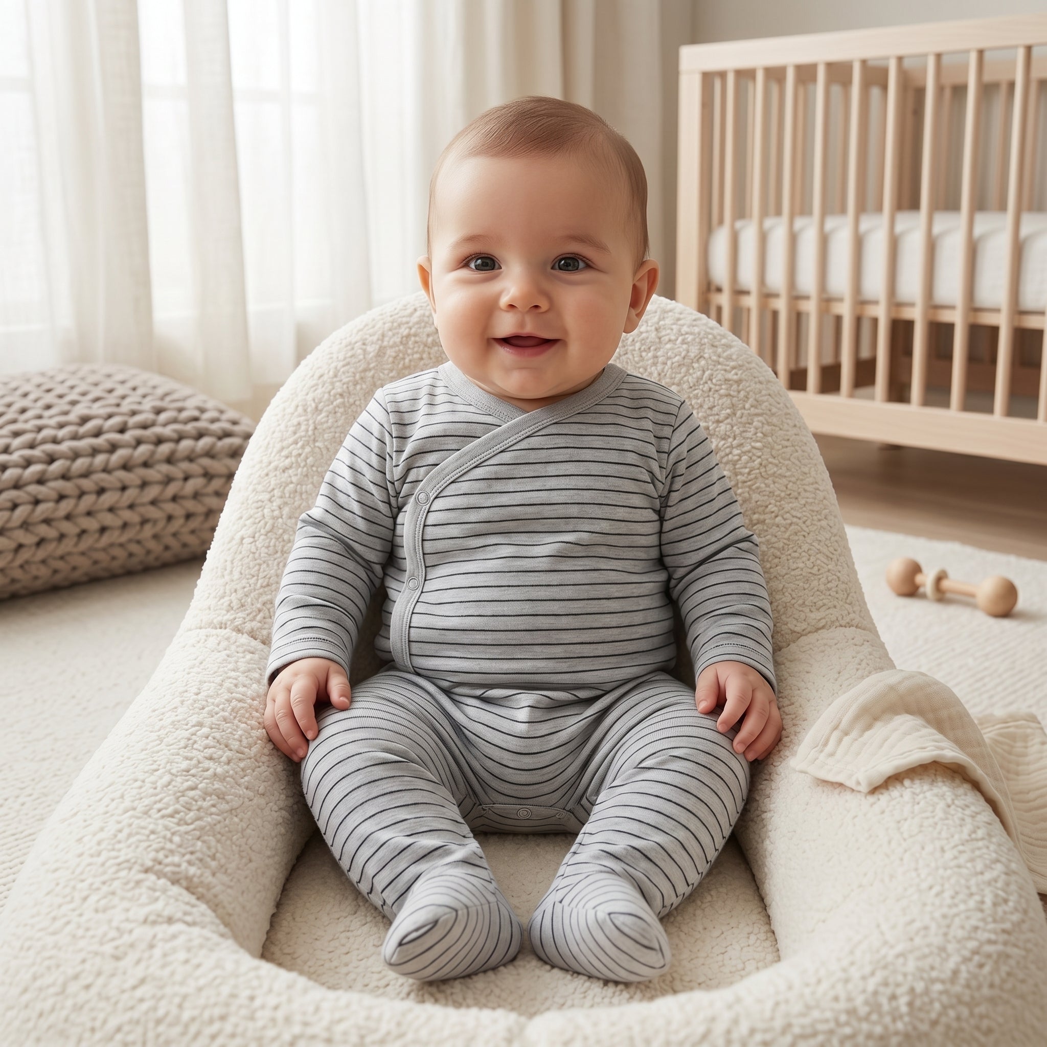 Grey Striped Wrap Style Baby Romper