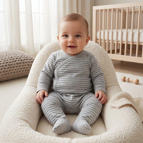 Grey Striped Wrap Style Baby Romper