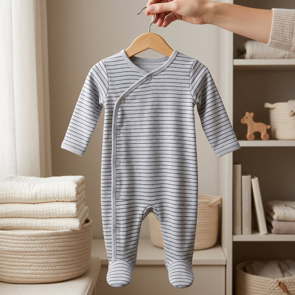 Grey Striped Wrap Style Baby Romper