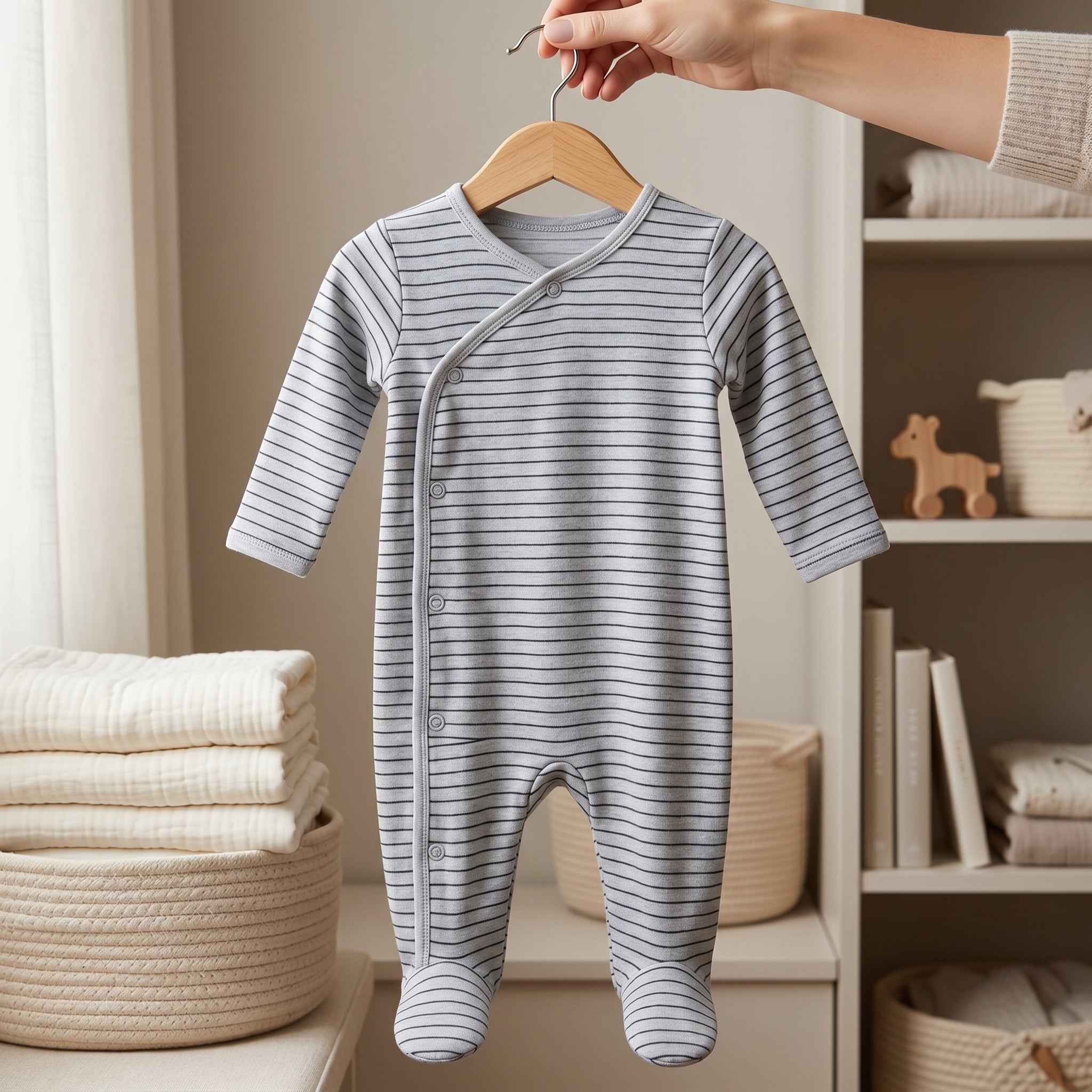 Grey Striped Wrap Style Baby Romper