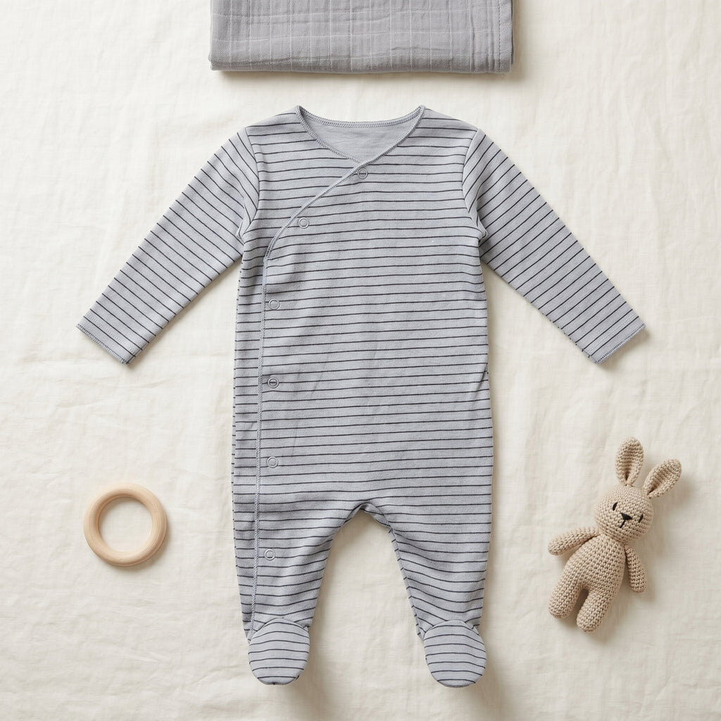 Grey Striped Wrap Style Baby Romper