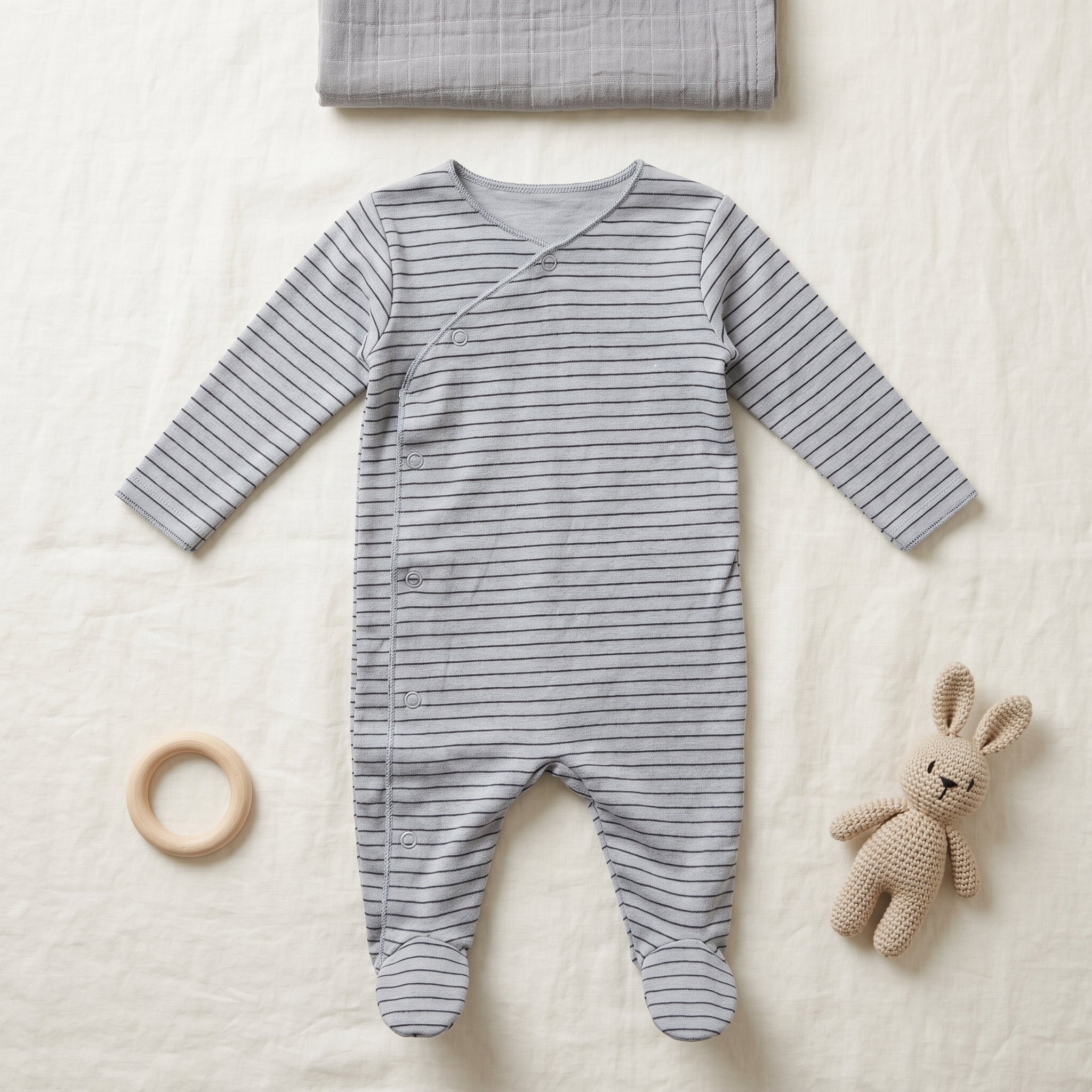 Grey Striped Wrap Style Baby Romper