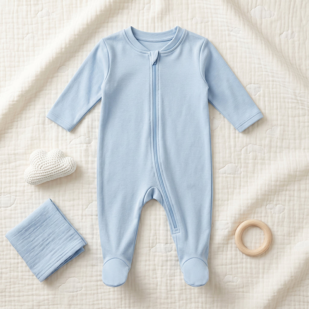Light Blue Zipper Baby Romper