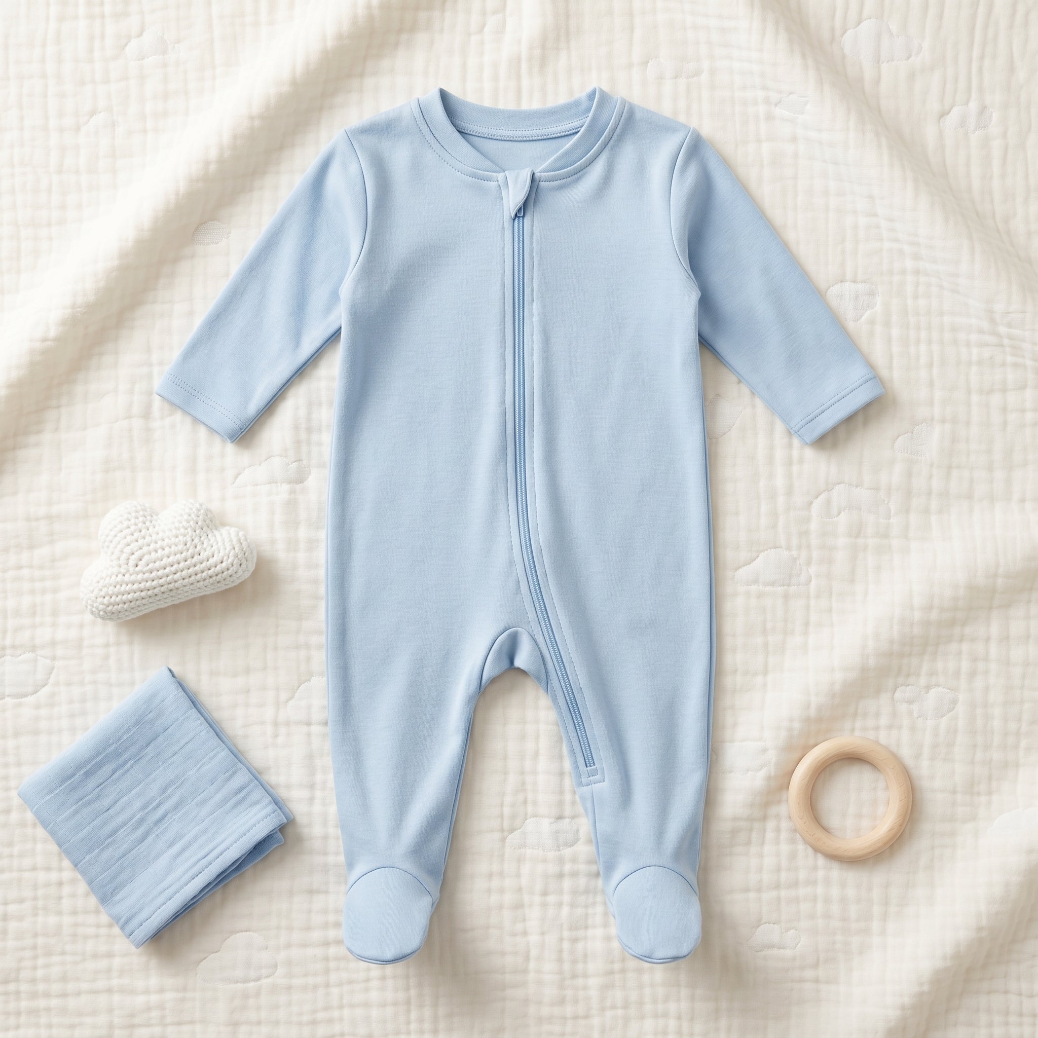 Light Blue Zipper Baby Romper