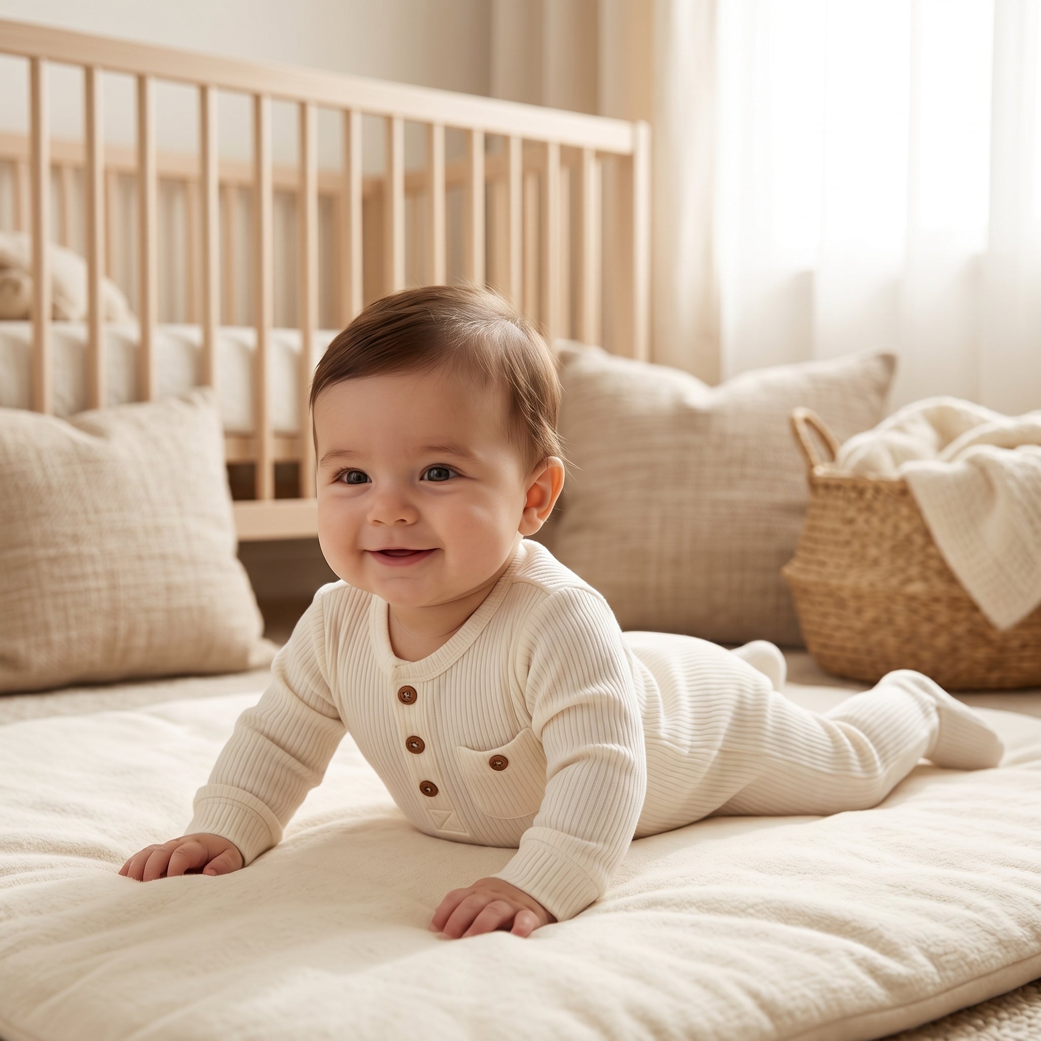 Ivory Ribbed Pocket Baby Romper