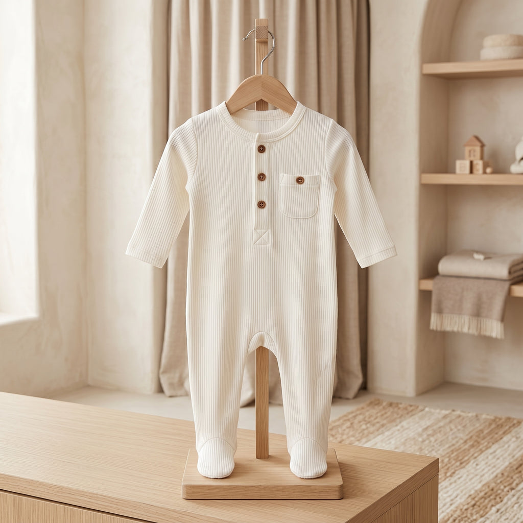 Ivory Ribbed Pocket Baby Romper