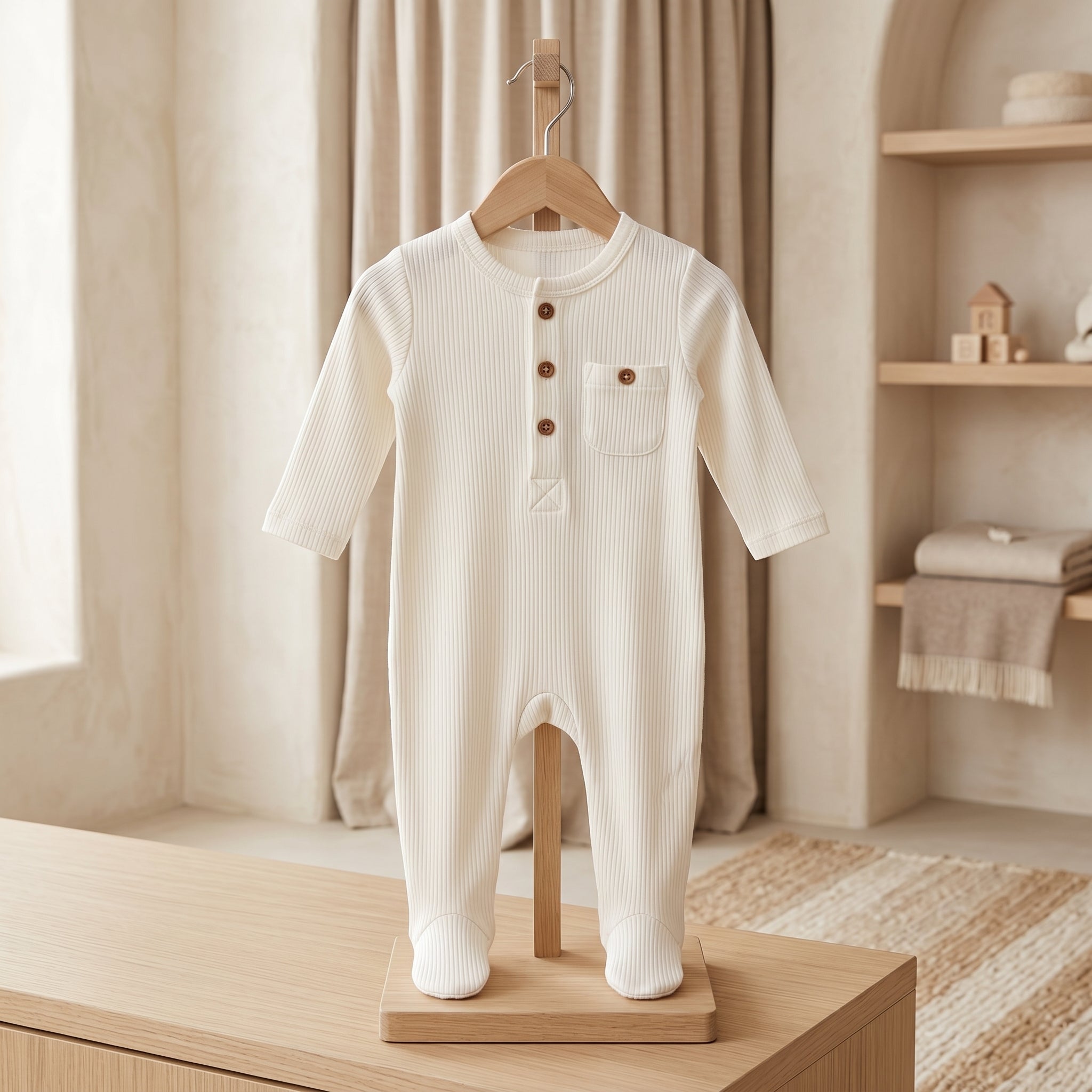 Ivory Ribbed Pocket Baby Romper