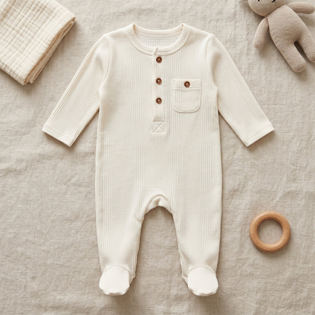 Ivory Ribbed Pocket Baby Romper
