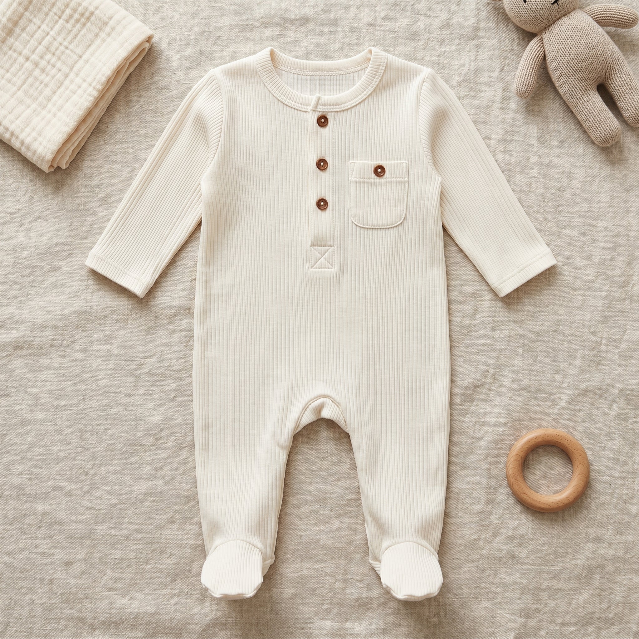Ivory Ribbed Pocket Baby Romper