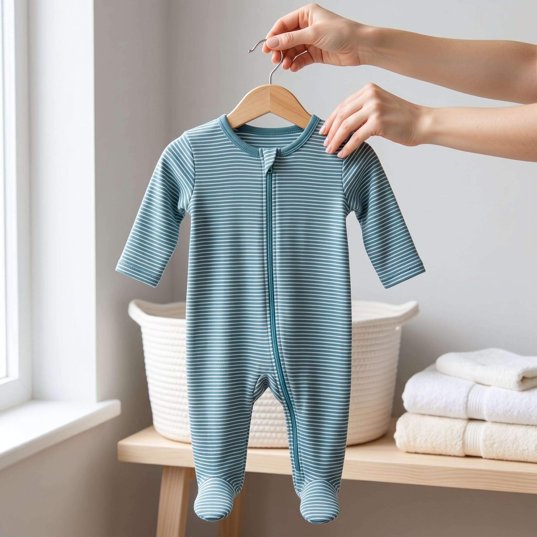 Teal Striped Zipper Baby Romper