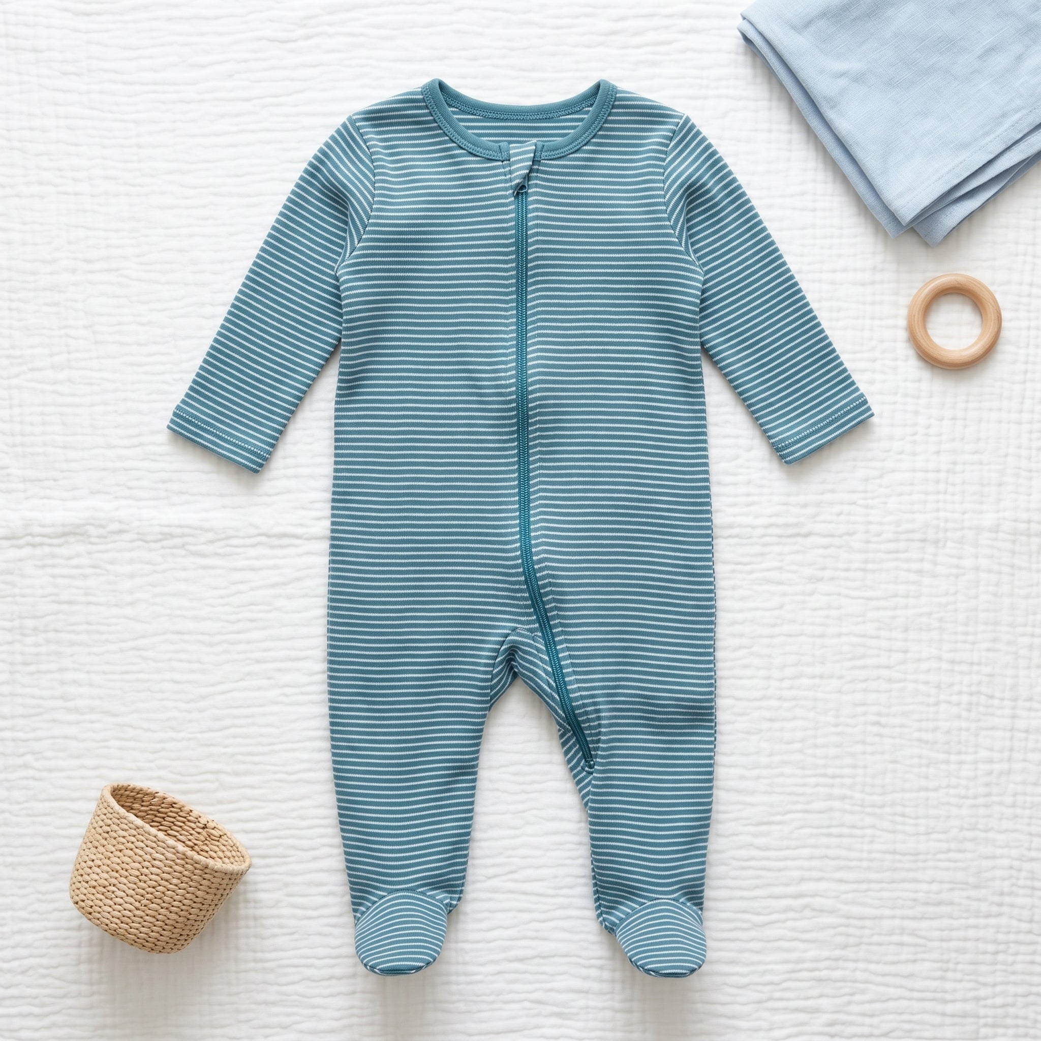 Teal Striped Zipper Baby Romper