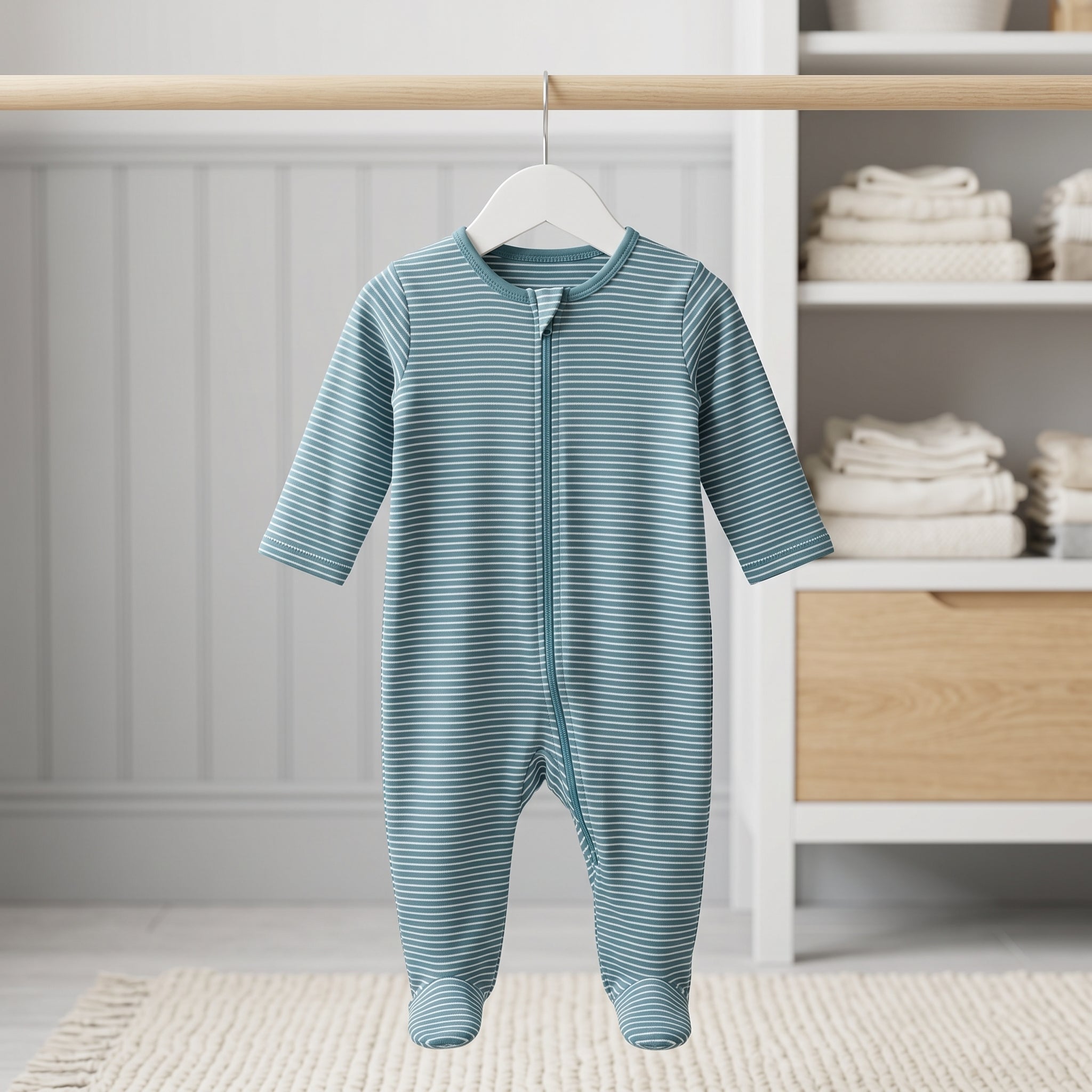Teal Striped Zipper Baby Romper