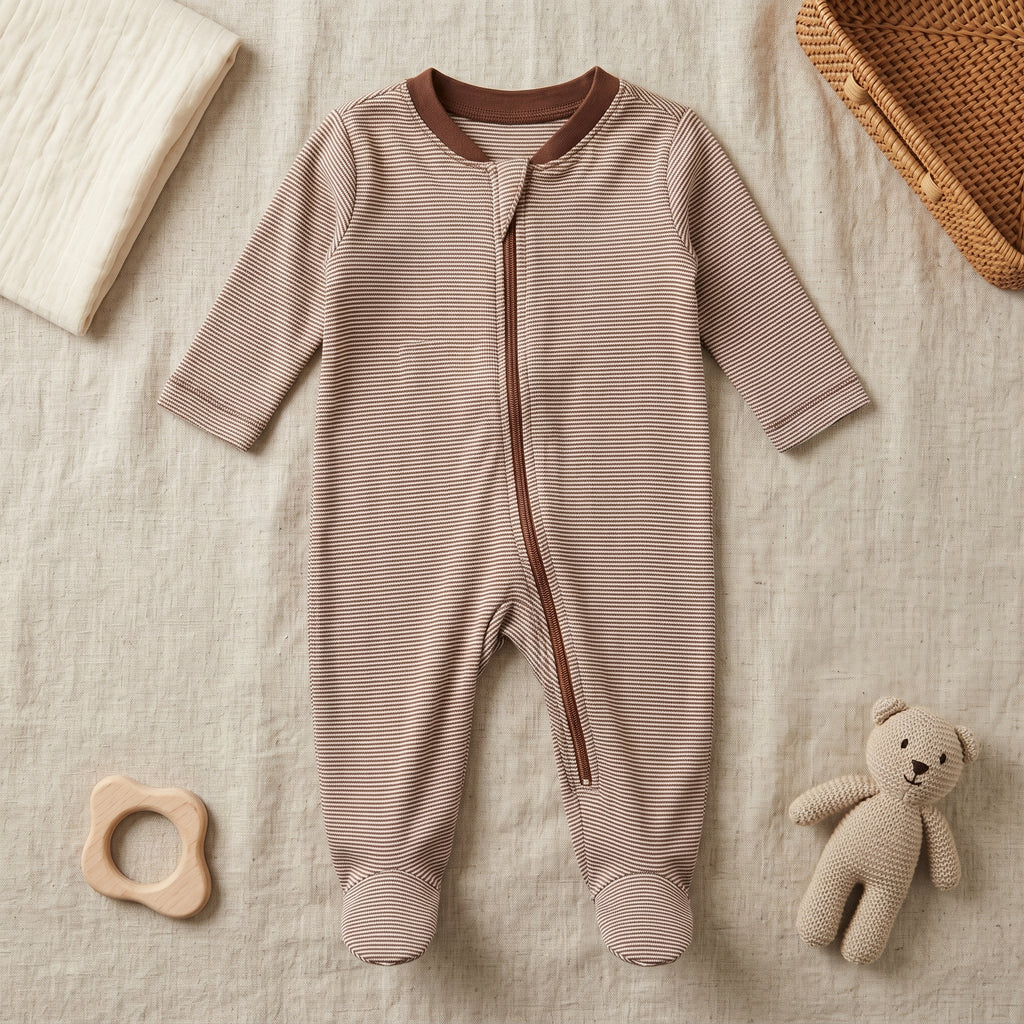 Brown Striped Zipper Baby Romper