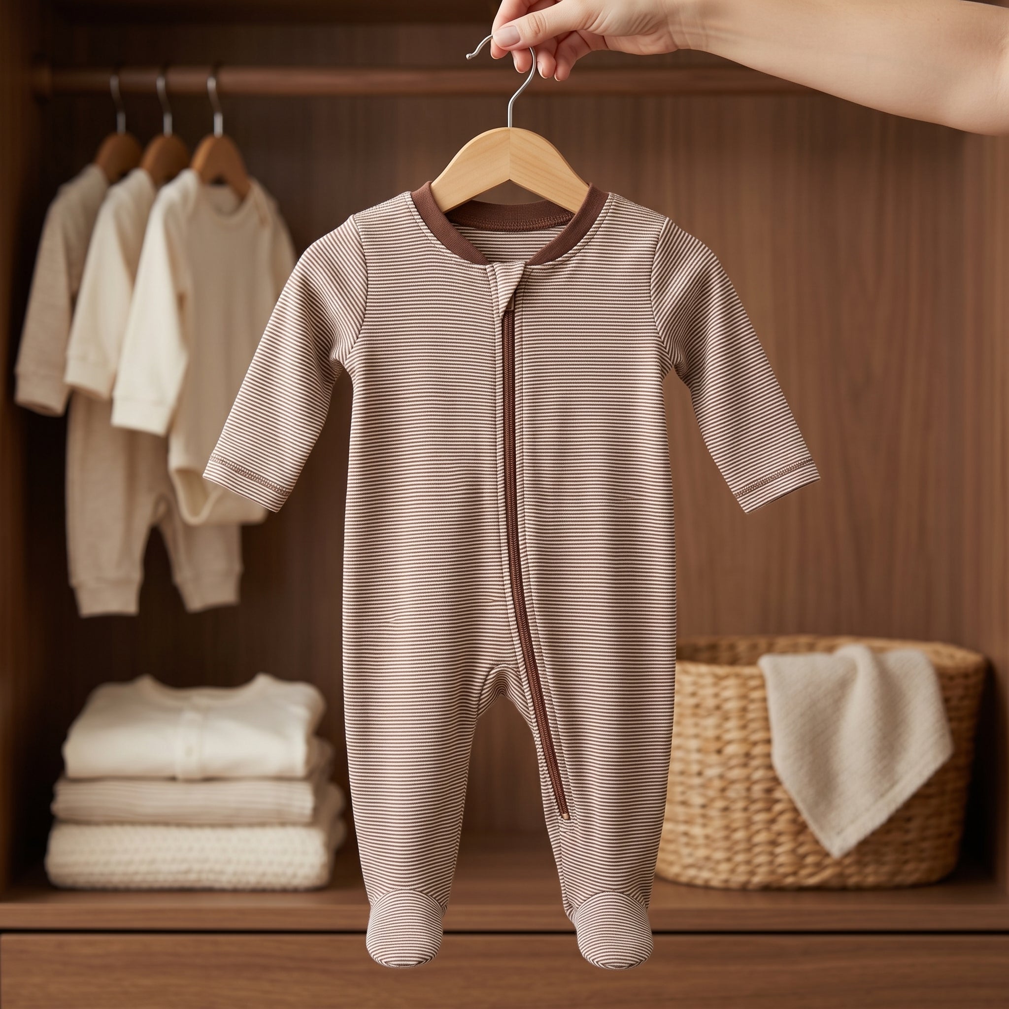 Brown Striped Zipper Baby Romper