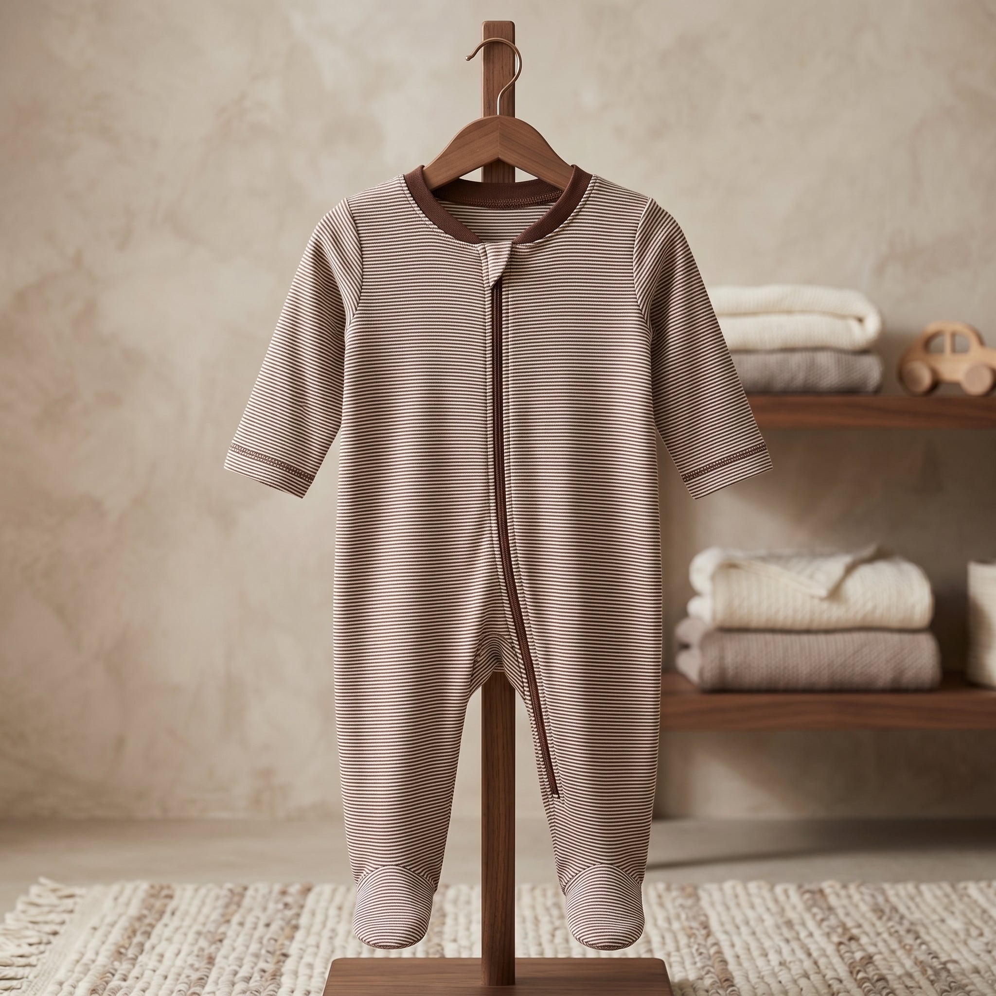 Brown Striped Zipper Baby Romper