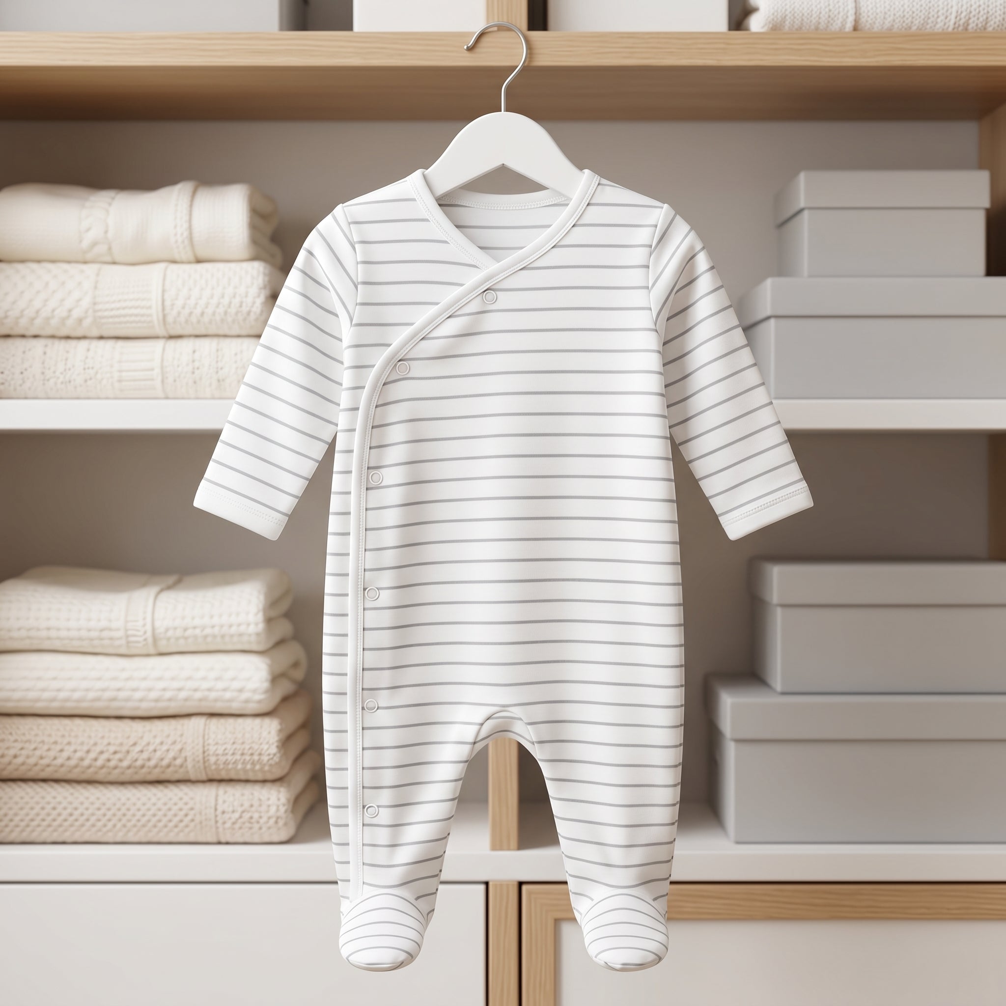White Grey Striped Wrap Style Baby Romper