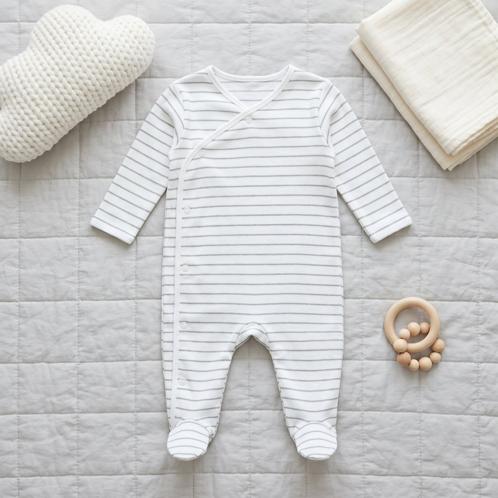 White Grey Striped Wrap Style Baby Romper