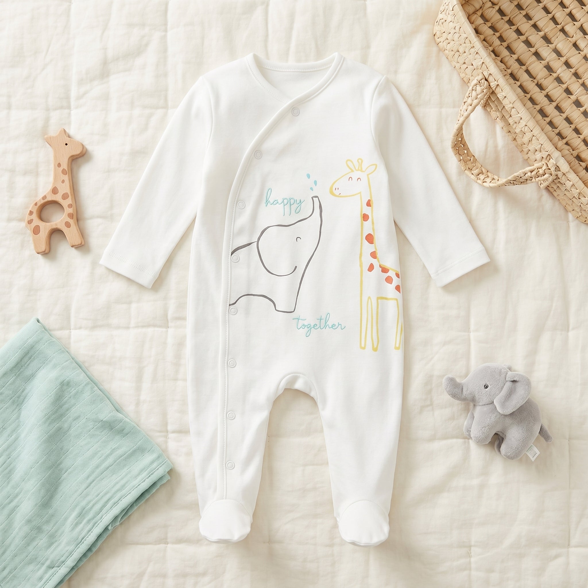 White Elephant Giraffe Print Wrap Style Baby Romper