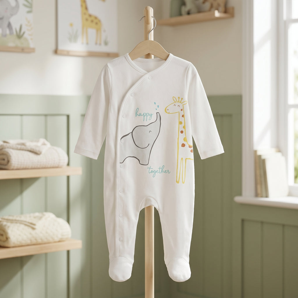 White Elephant Giraffe Print Wrap Style Baby Romper